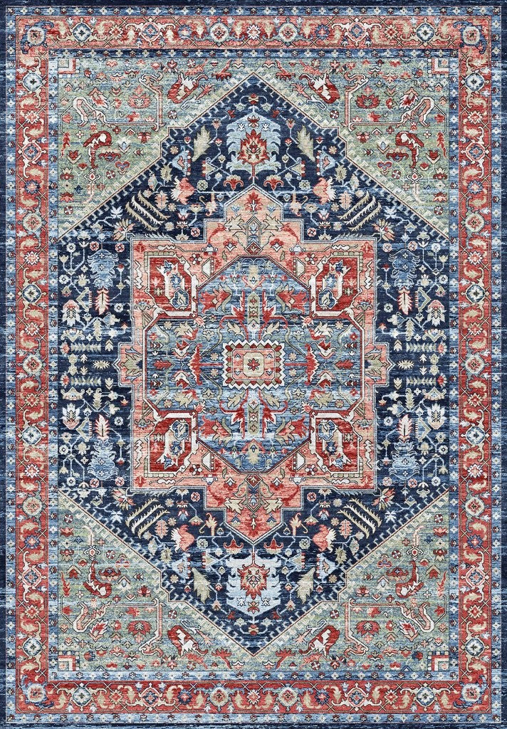 Tapis vintage lavable - Iris - Rouge / Marine