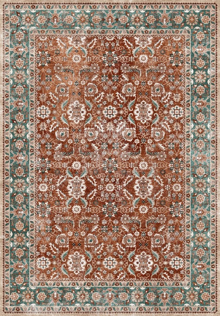 Tapis vintage lavable - Persan - Terra / Vert - Saray Tapis