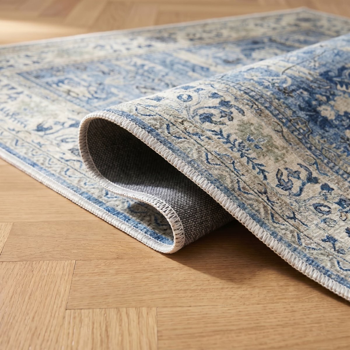 Tapis vintage lavable - Laly - Crème / Bleu - Saray Tapis