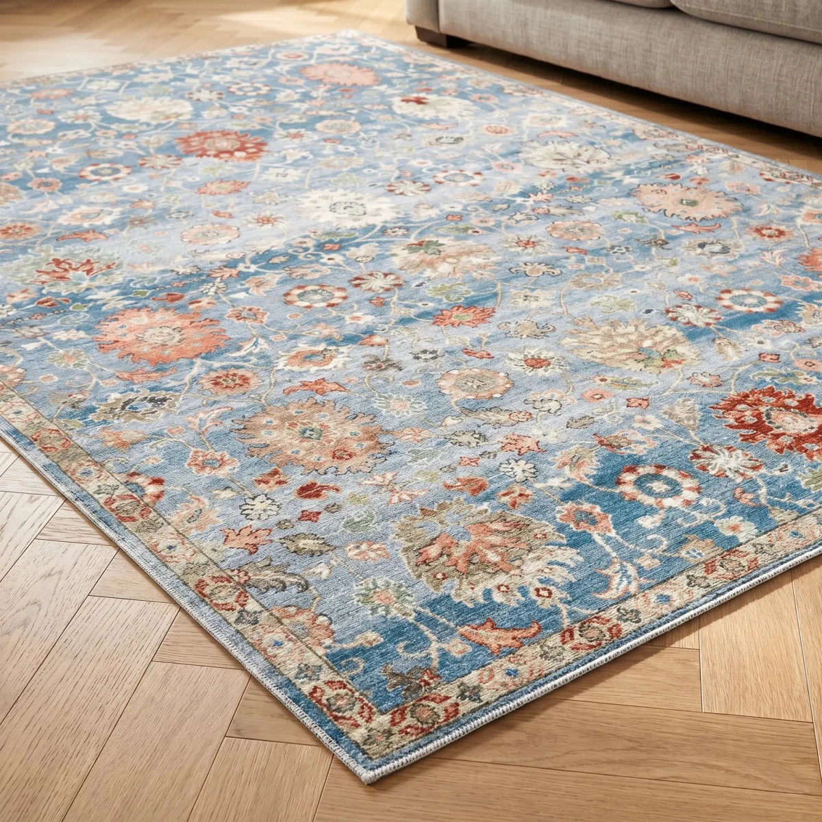 Tapis vintage lavable - Flaury - Bleu - Saray Tapis