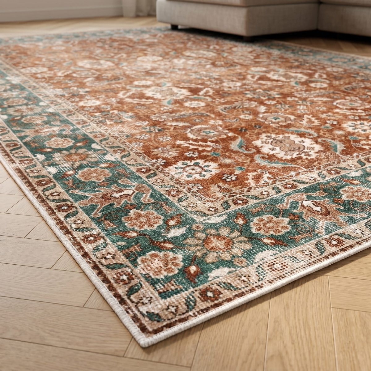 Tapis vintage lavable - Persan - Terra / Vert - Saray Tapis