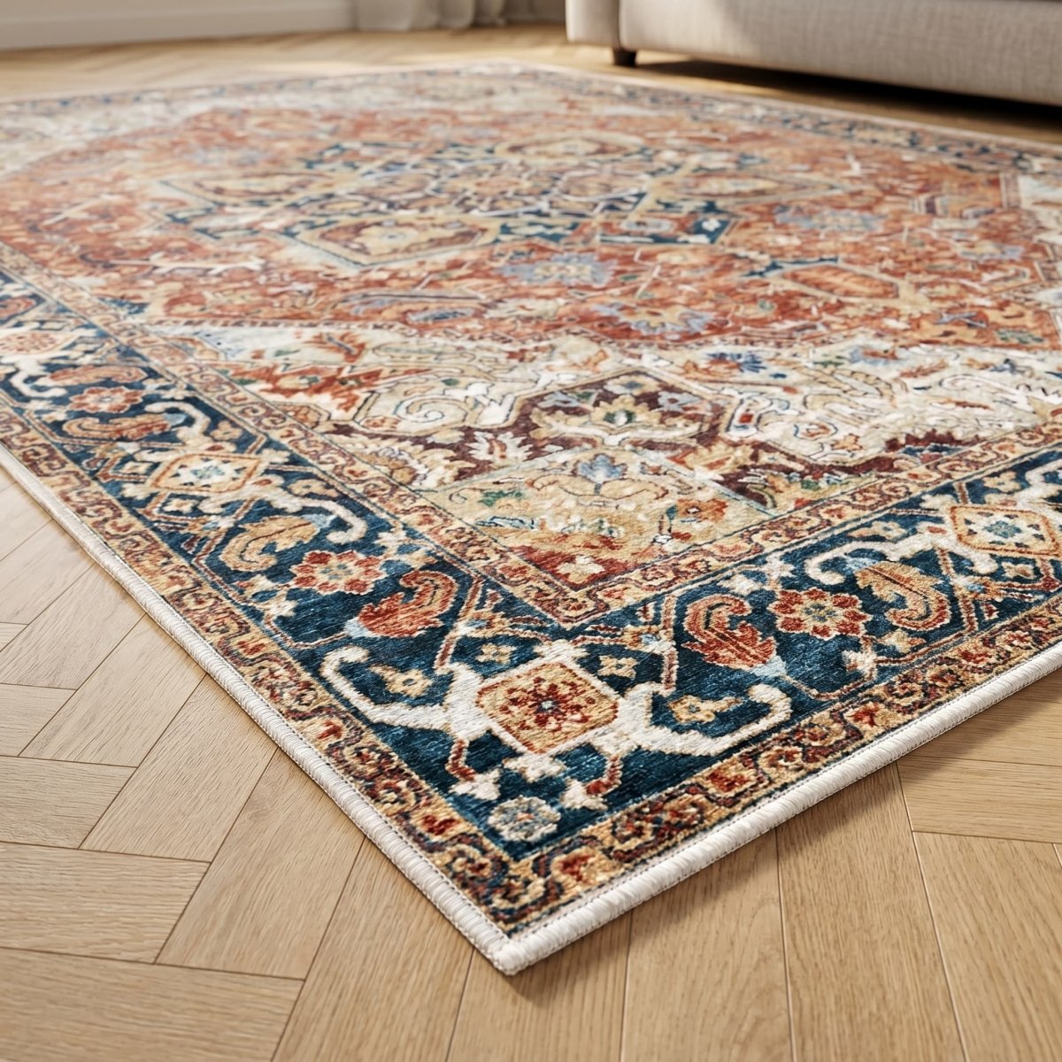 Tapis vintage lavable - Mina - Crème / Multicolore - Saray Tapis