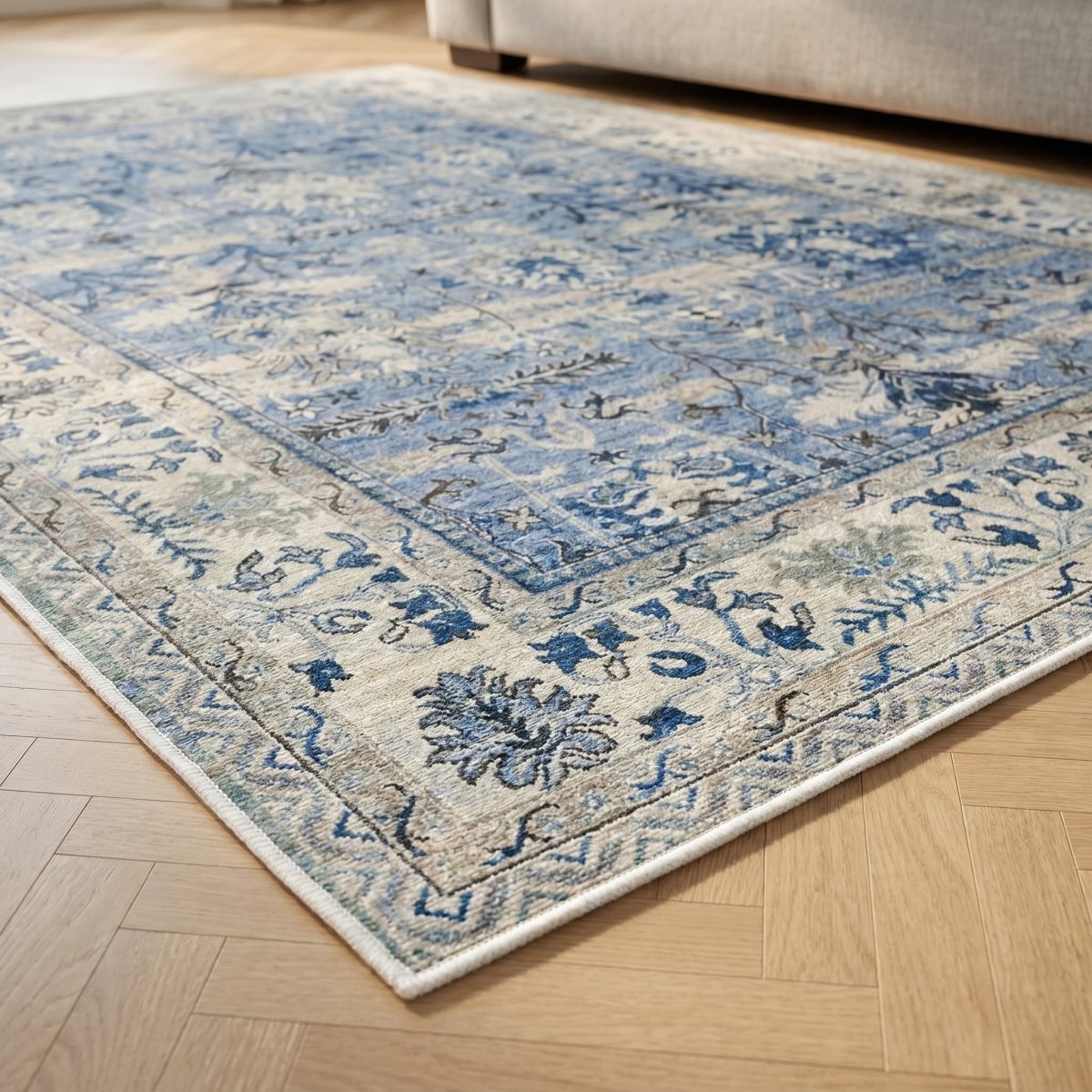 Tapis vintage lavable - Laly - Crème / Bleu - Saray Tapis