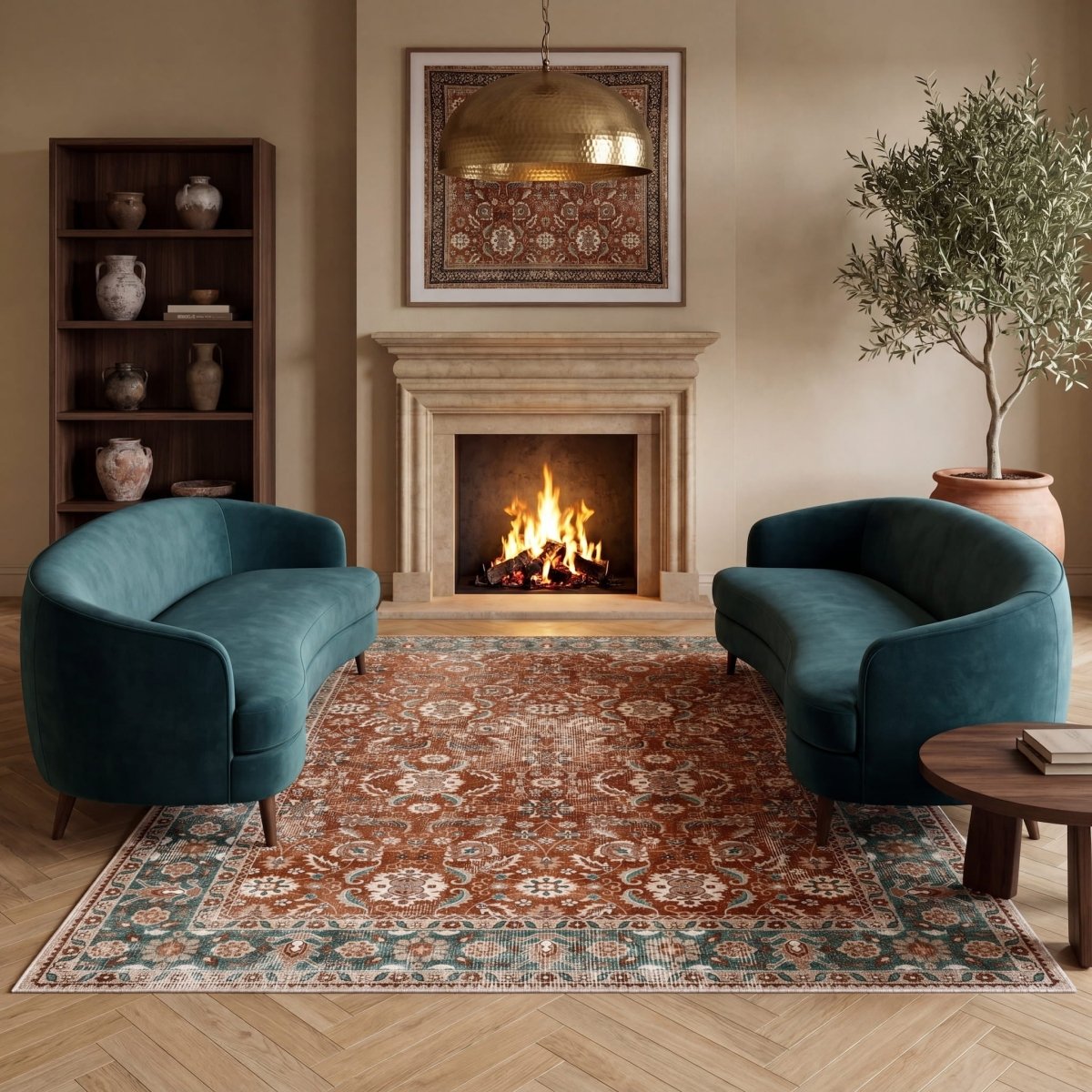 Tapis vintage lavable - Persan - Terra / Vert - Saray Tapis