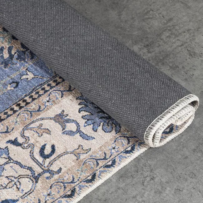 Tapis vintage lavable - Laly - Crème / Bleu