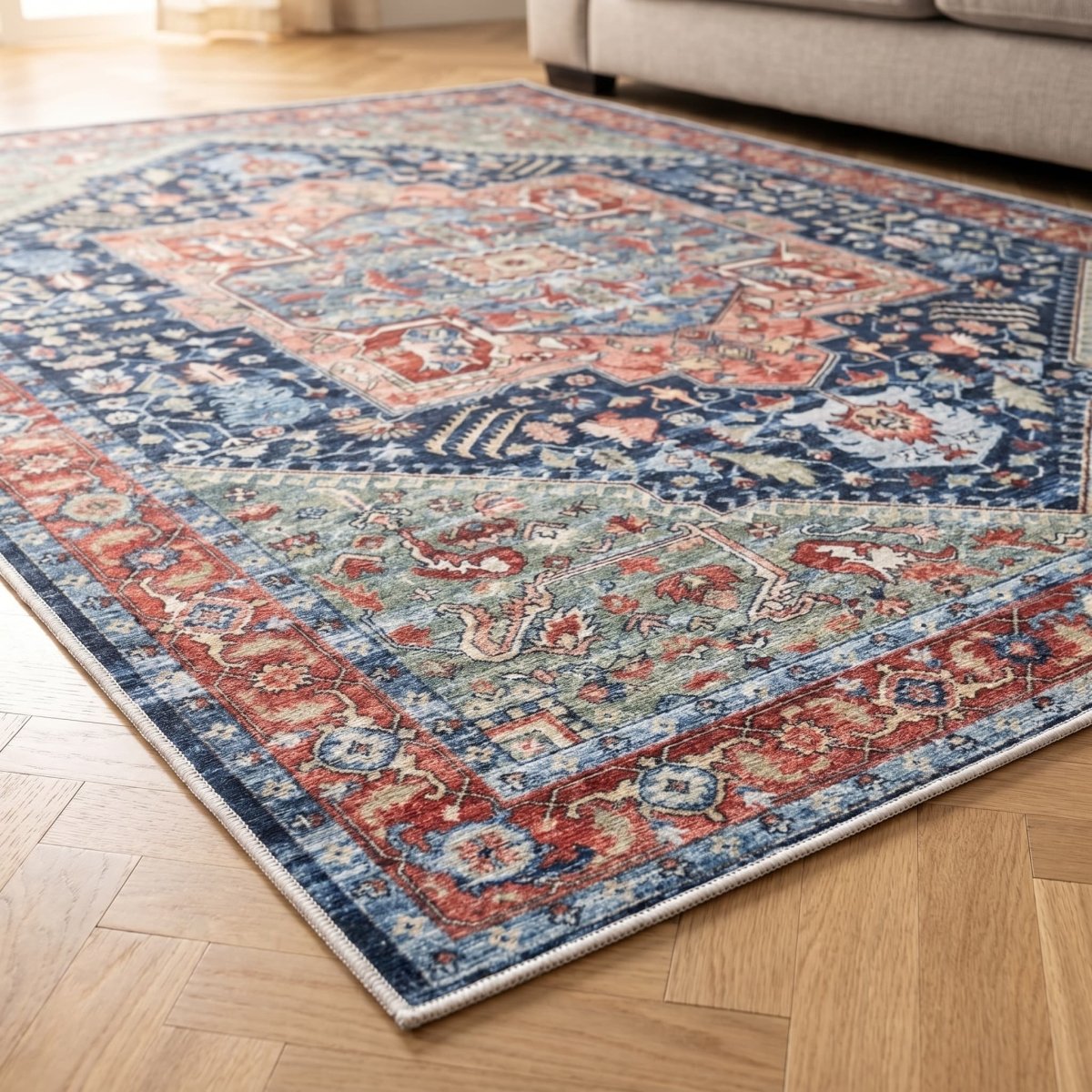 Tapis vintage lavable - Iris - Beige / Orange - Saray Tapis
