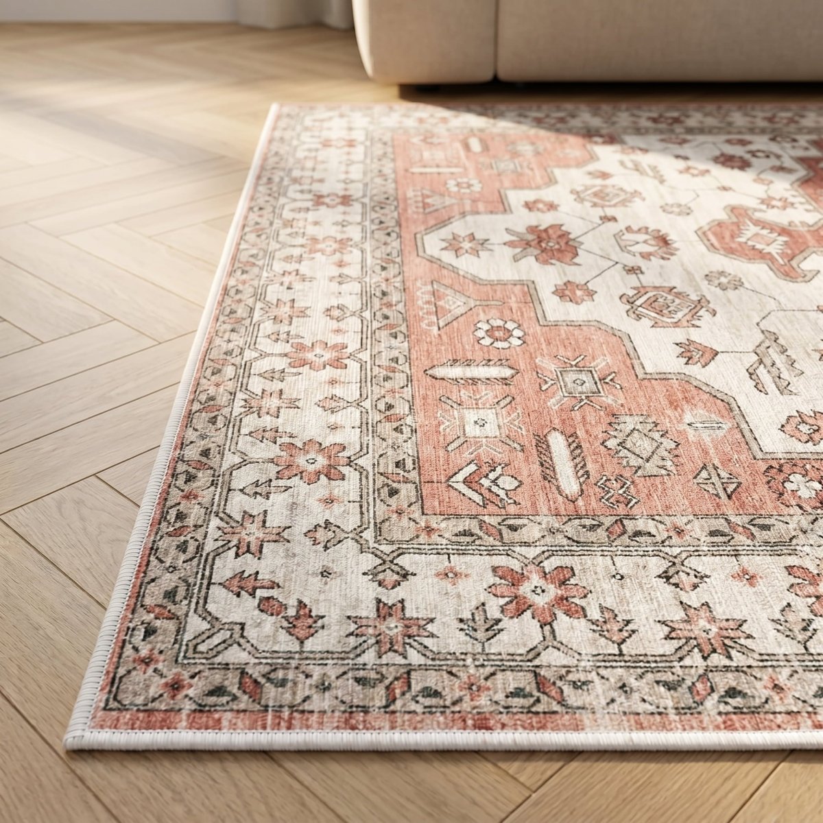 Tapis vintage lavable - Skye - Rose / Crème - Saray Tapis
