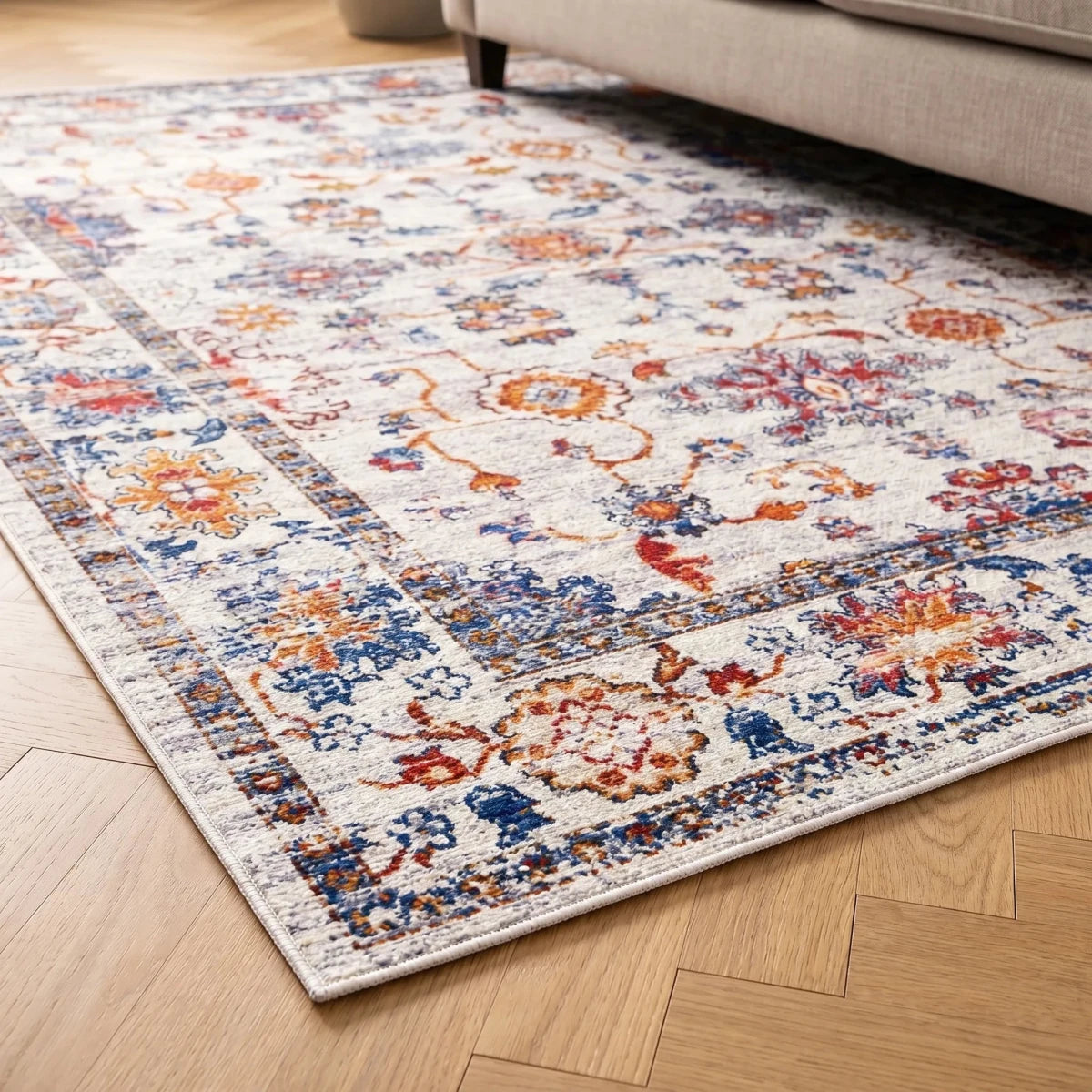 Tapis vintage lavable - Cap - Blanc / Multicolore - Saray Tapis