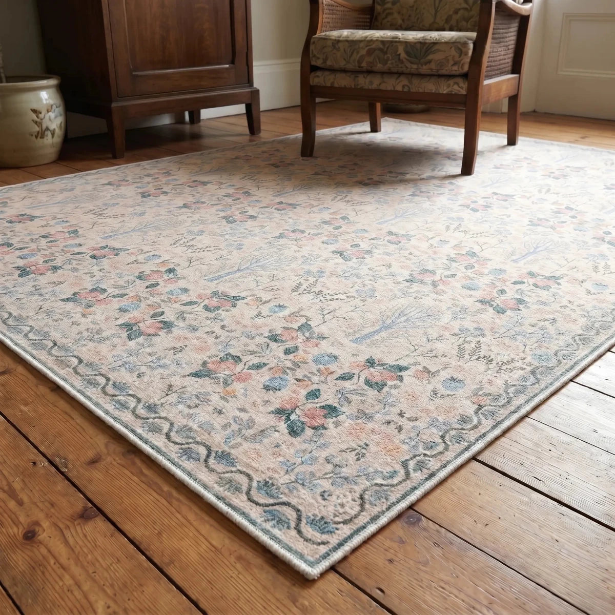 Tapis vintage lavable - Flora - Crème / Beige / Rose - Saray Tapis