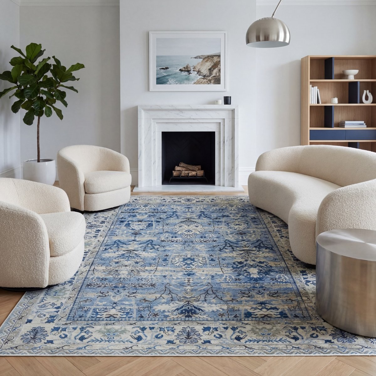 Tapis vintage lavable - Laly - Crème / Bleu - Saray Tapis