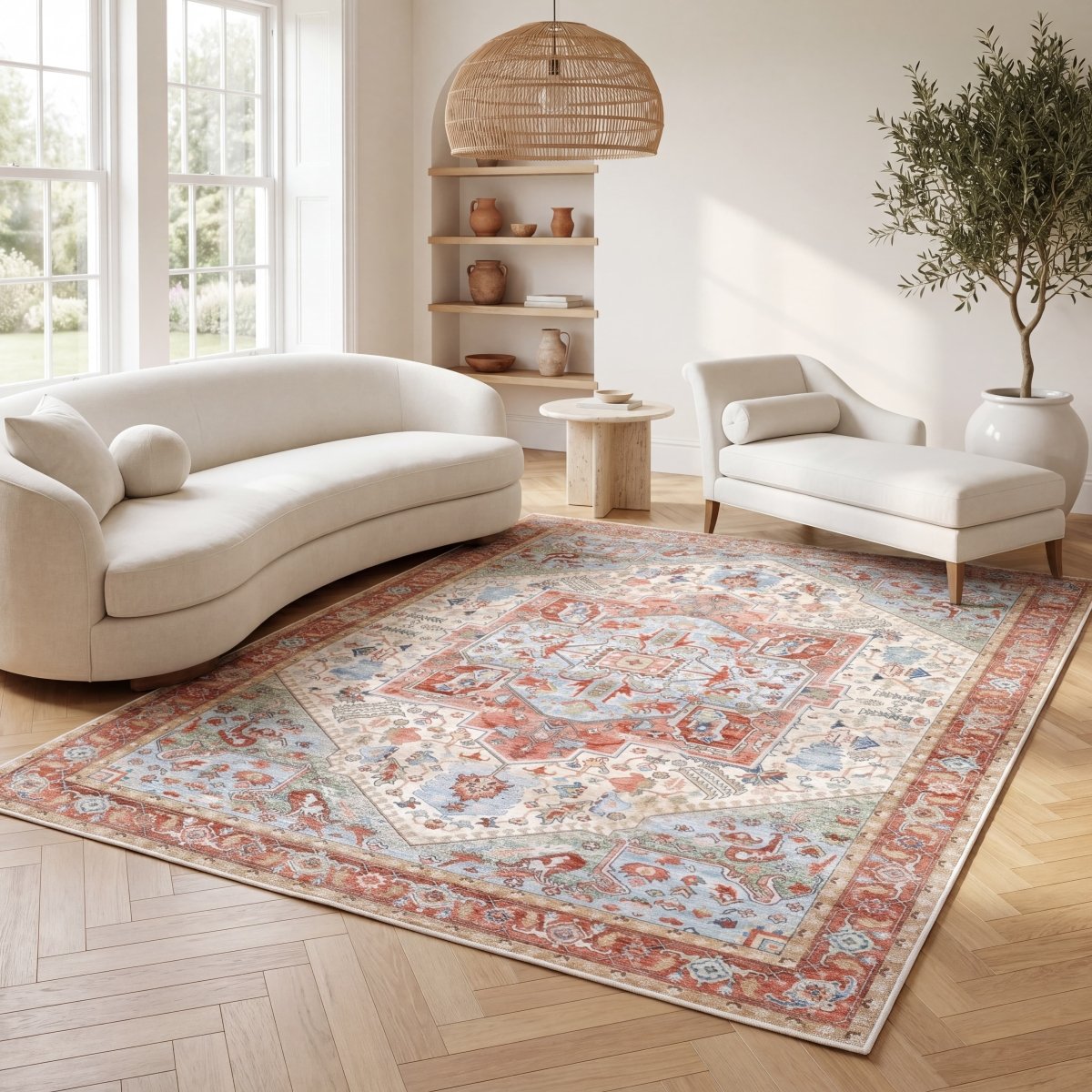 Tapis vintage lavable - Iris - Beige / Orange - Saray Tapis