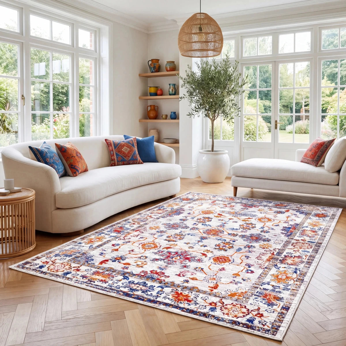 Tapis vintage lavable - Cap - Blanc / Multicolore - Saray Tapis